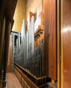 Blick ins Orgelgehäuse der Orgel der Rosenkranz-Basilika